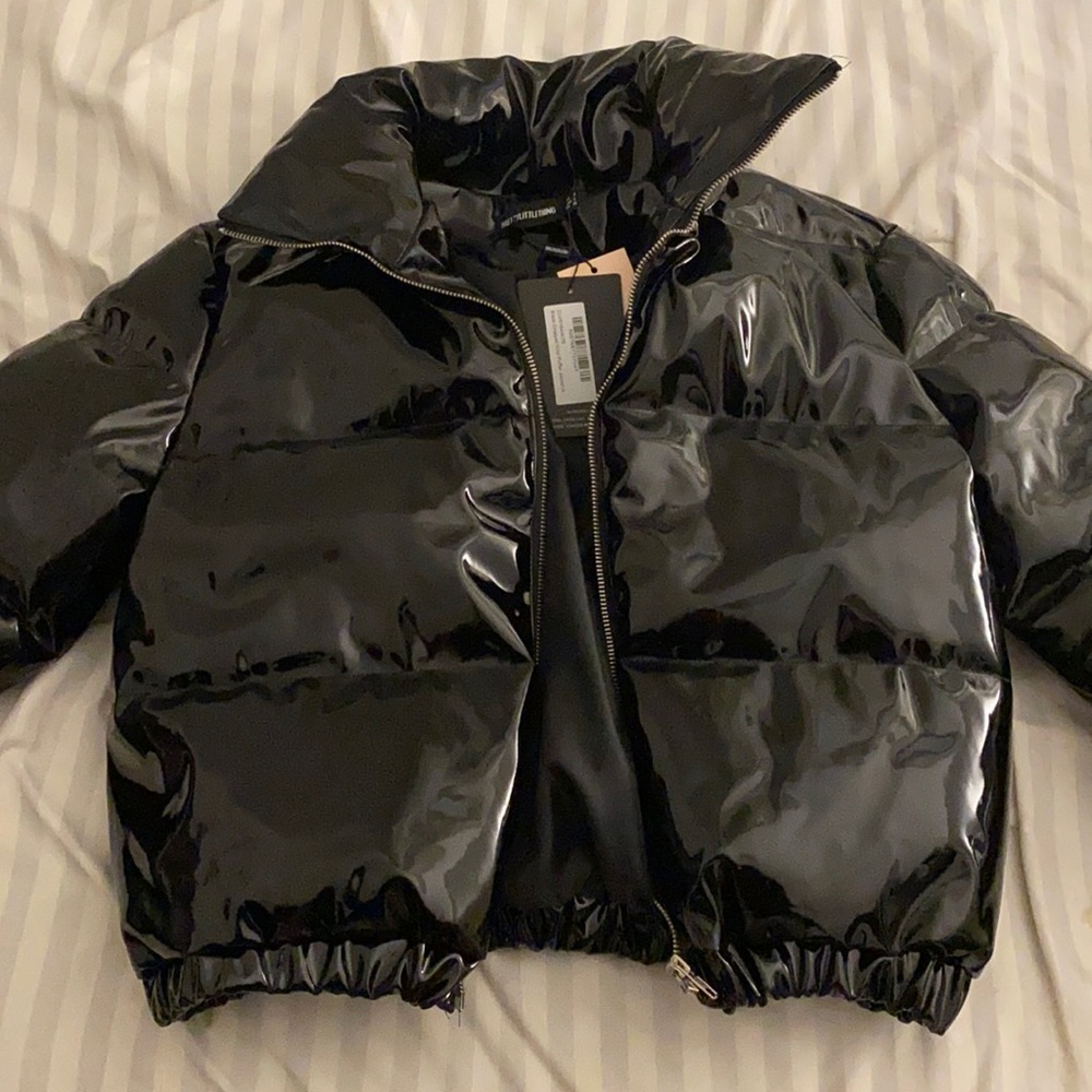 COPY - Blacked cropped vinyl puffer jacket.